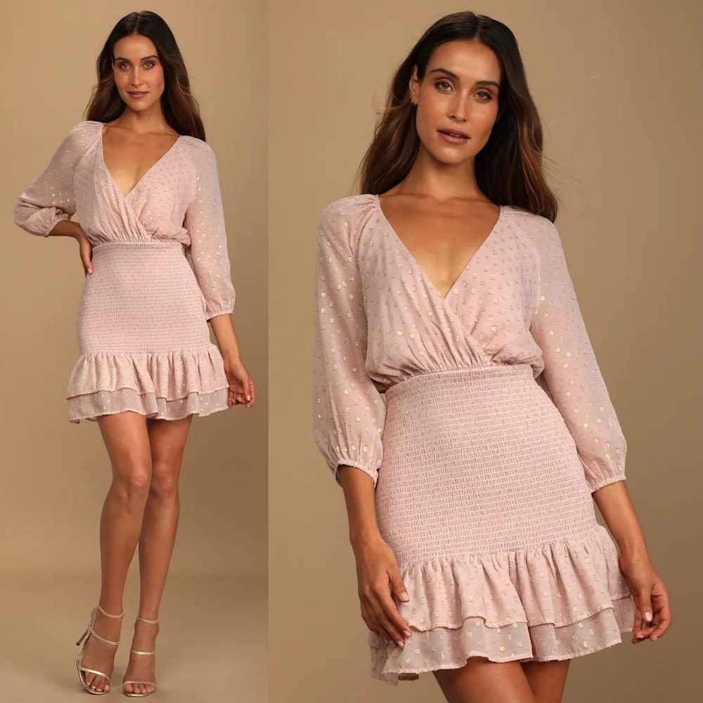 Lulus‎ All The Cheers Pink Mauve & Gold Dotted Smocked Mini Dress